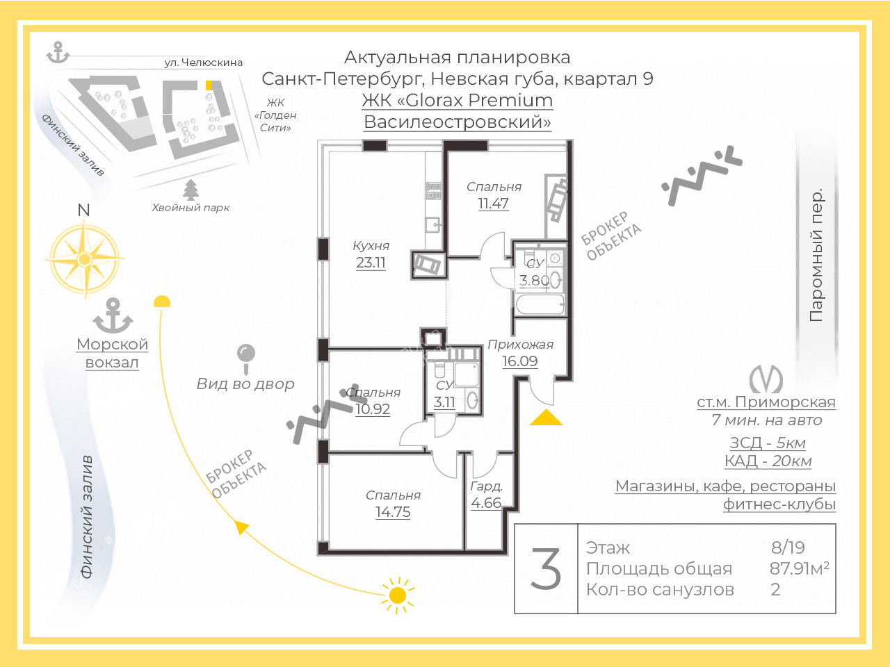 3 комн. кв. 87.91 m2 8/19 этаж Невская губа тер. Купить по цене 28990000 ₽