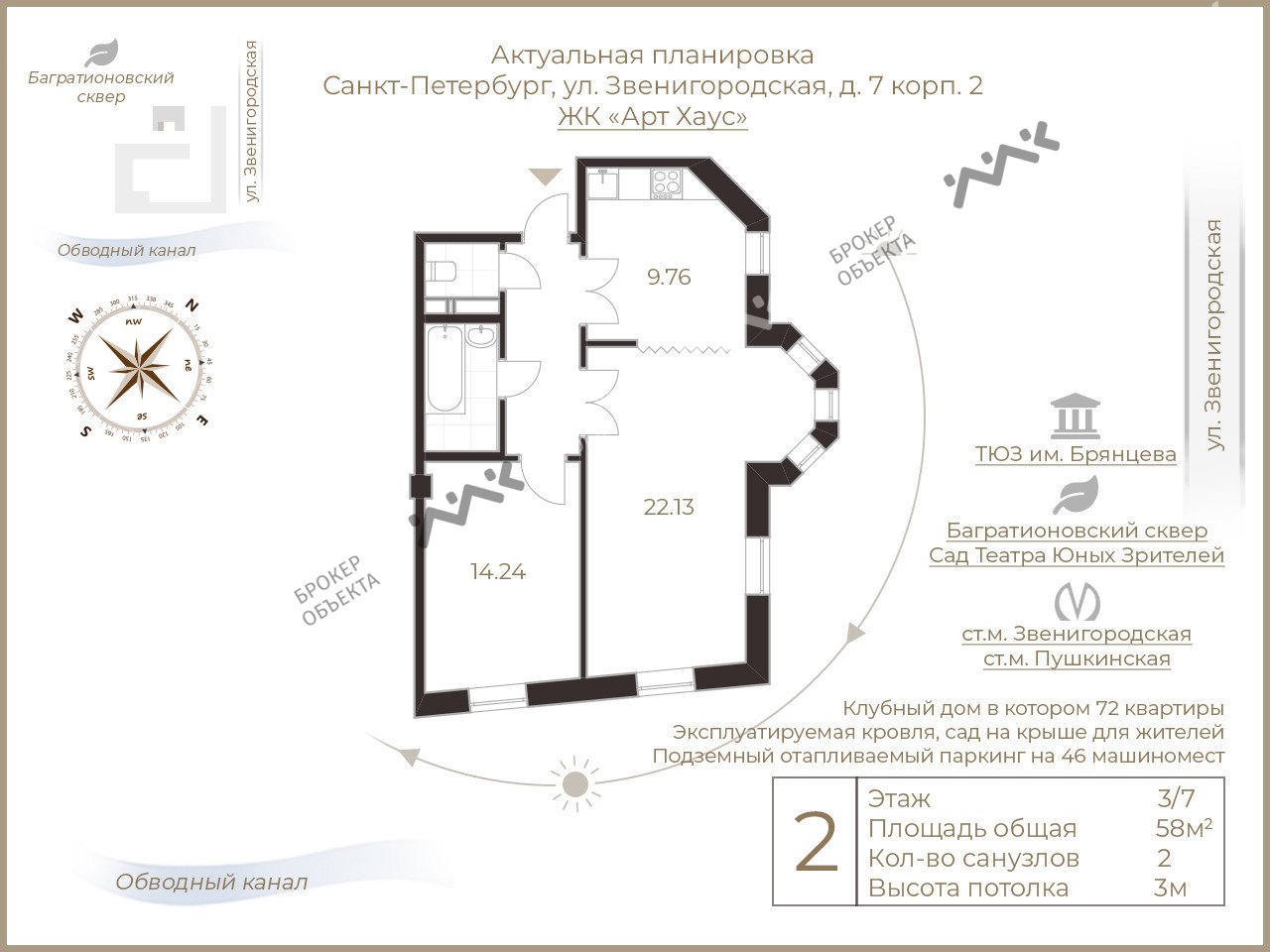 2 комн. кв. 58 m2 3/7 этаж Звенигородская ул., д.7, к.2 Купить по цене  19199000 ₽